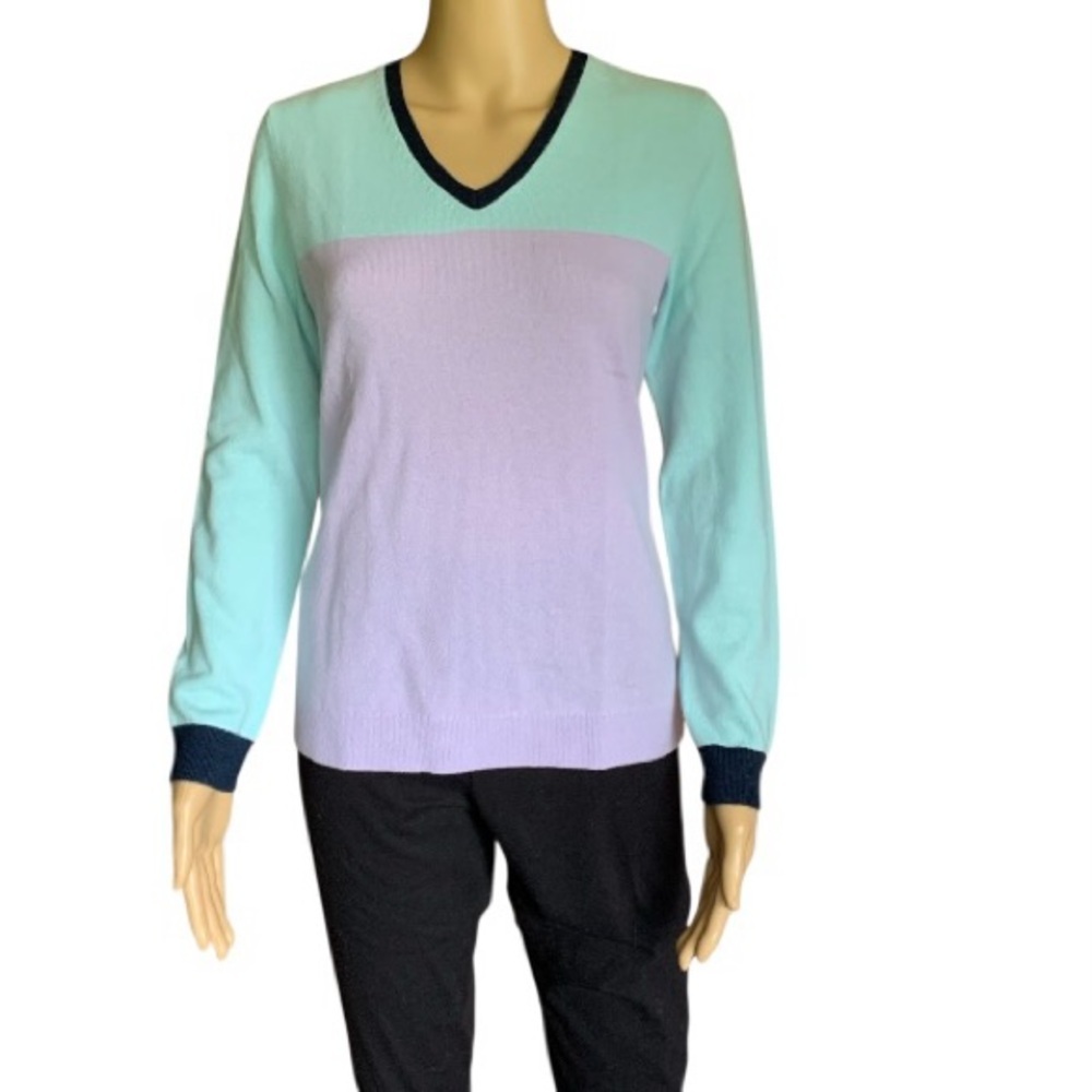 LANDSEND Women's Cashmere VNeck Sweater, Colorblock